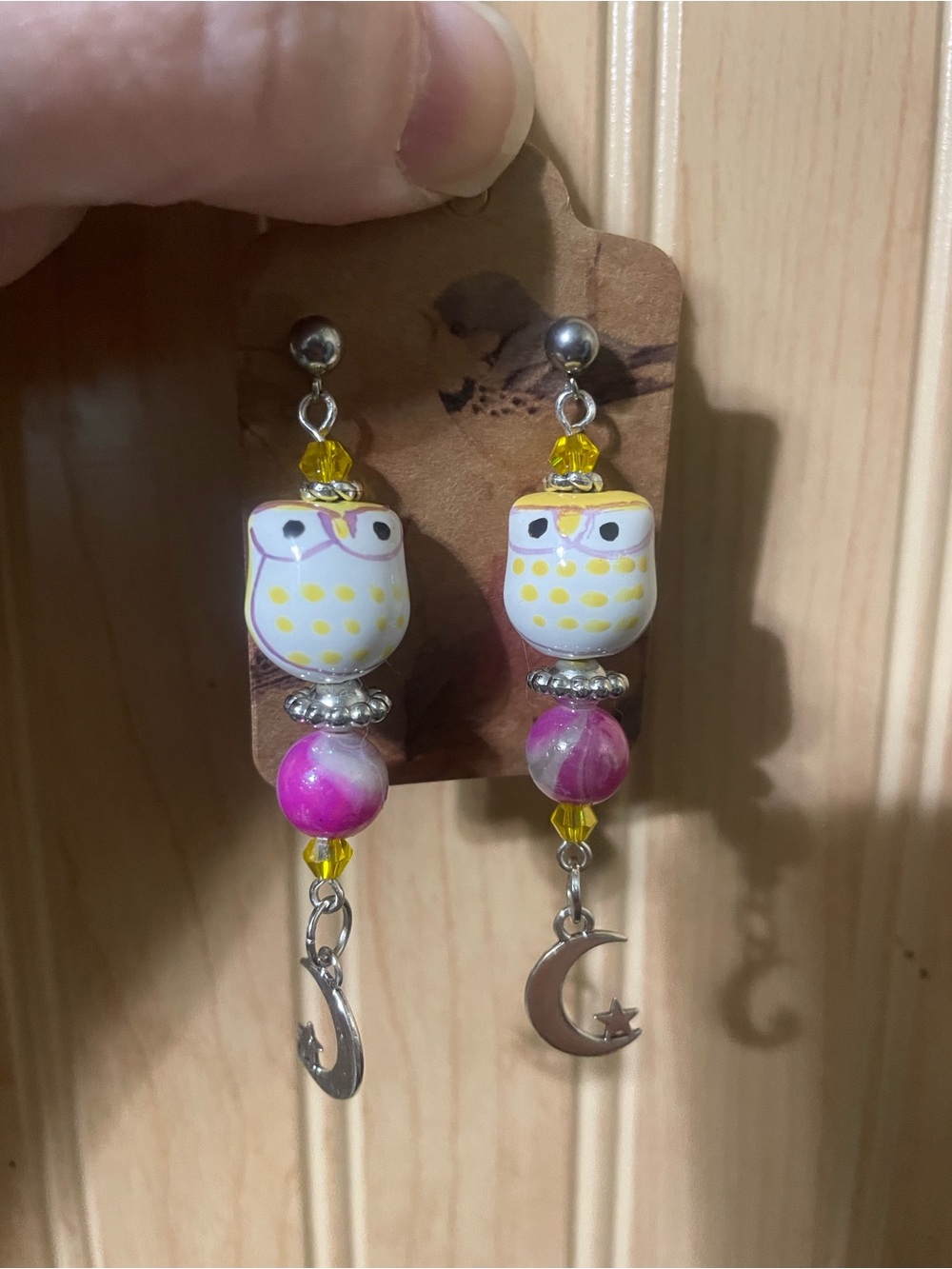 Hand Crafted Pink, Yellow & White Owl Dangle Earrings with Moon Charms - Picture 4 of 4